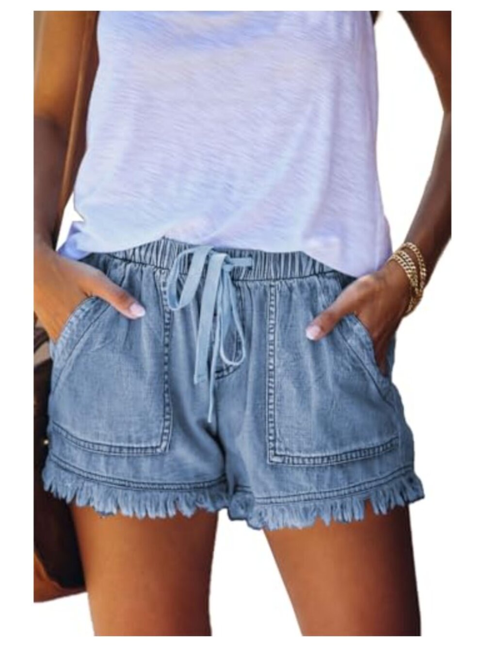 KINGFEN Womens Drawstring Elastic Waist Jean Shorts Raw Edge Hem